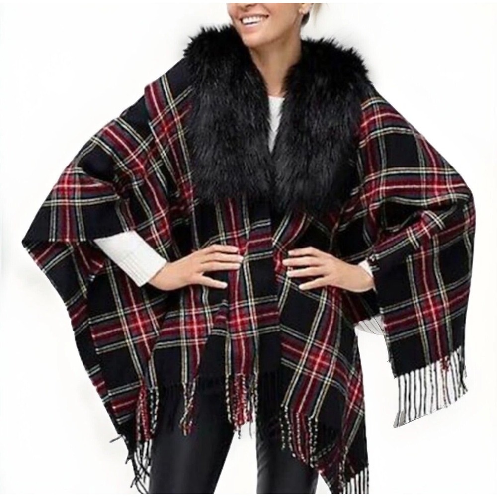 J.Crew Plaid Poncho Women One Size Black Faux Fur Collar Fringe Wrap Cape